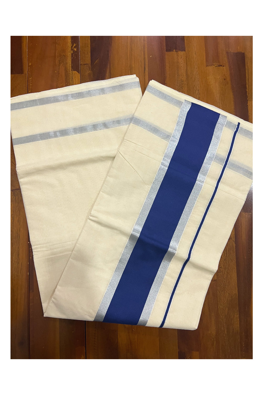 Pure Cotton Kerala Plain Saree with Silver Kasavu and Blue Pallu