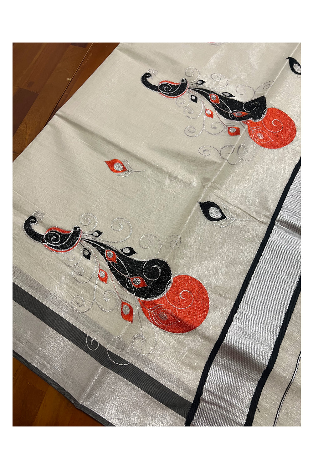 Kerala SIlver Tissue Kasavu Saree with Black Orange Peacock Embroidery Design