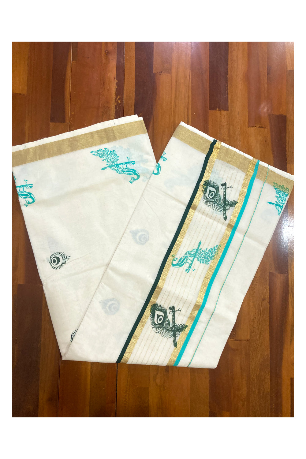 Pure Cotton Kasavu Kerala Saree with Green and Turquoise Feather Block Prints