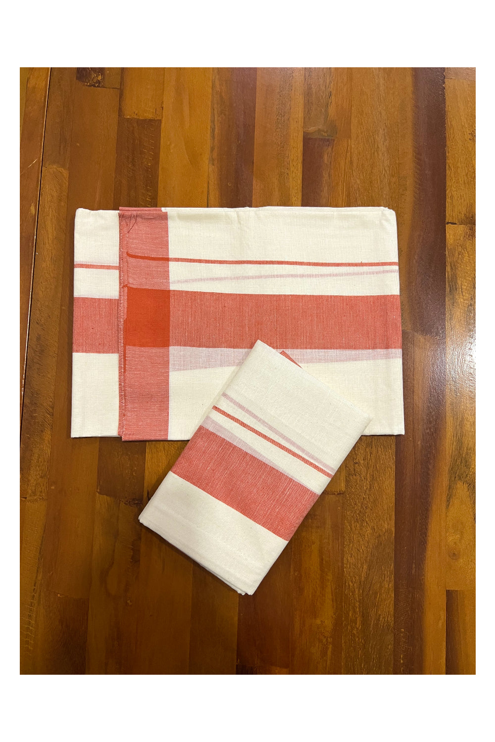 Kerala Cotton Mundum Neriyathum Single (Set Mundu) with Dark Orange Mulloth Border (Extra Soft Cotton)