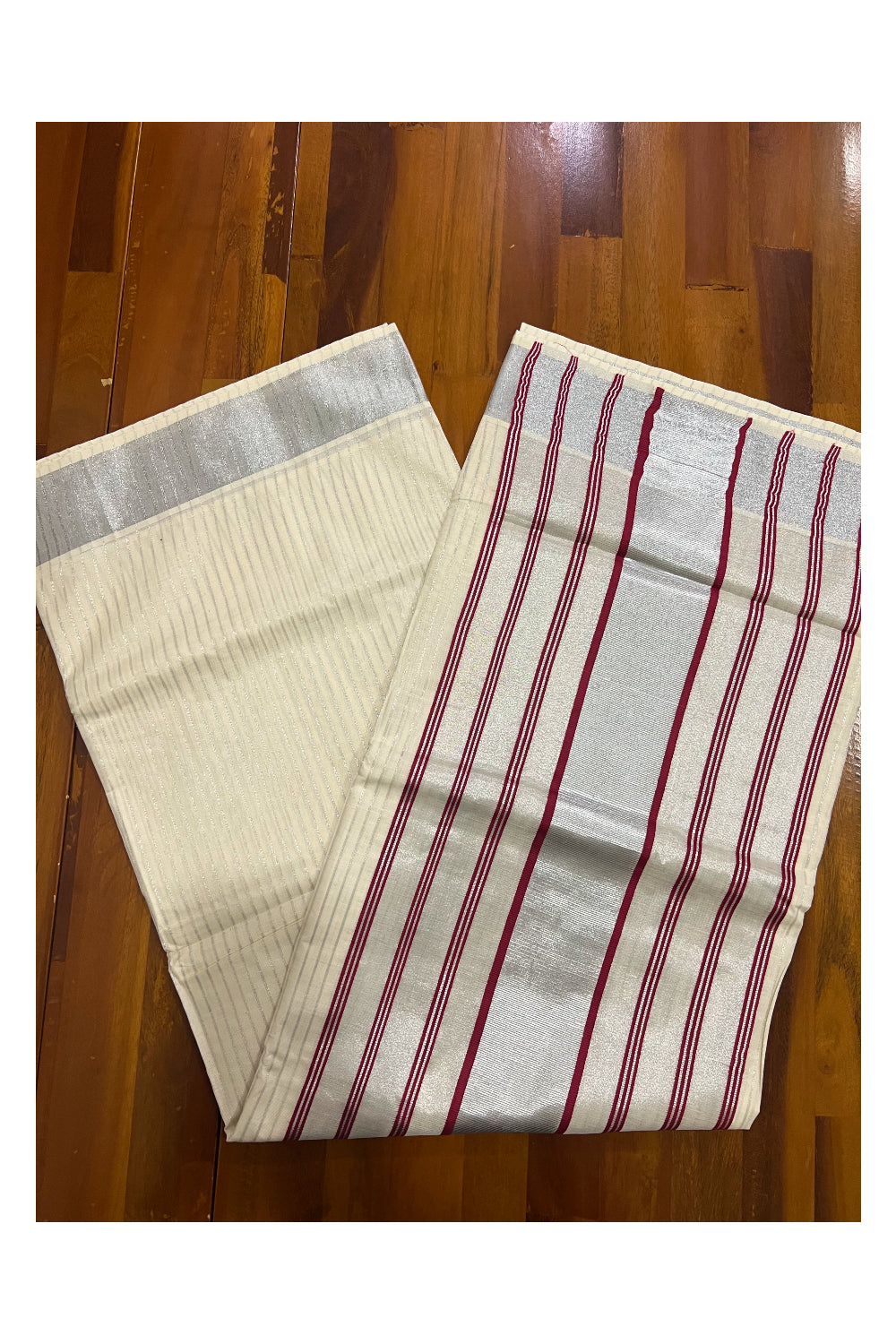 Pure Cotton Kerala Saree with Silver Lines Design on Body and Maroon Lines on Silver Tissue Pallu