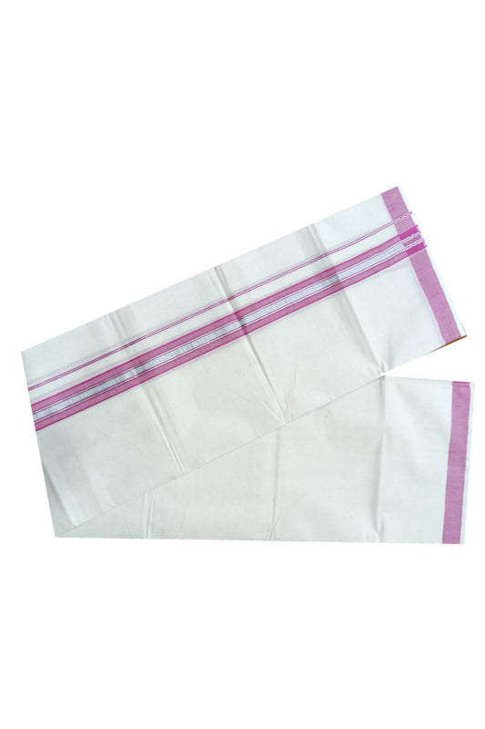 Off White Kerala Double Mundu with Silver Kasavu and Dark Pink Kara (South Indian Dhoti)