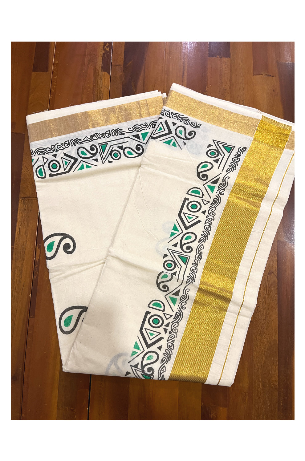 Pure Cotton Off White Kerala Kasavu Saree with Black and Green Block Prints on Border