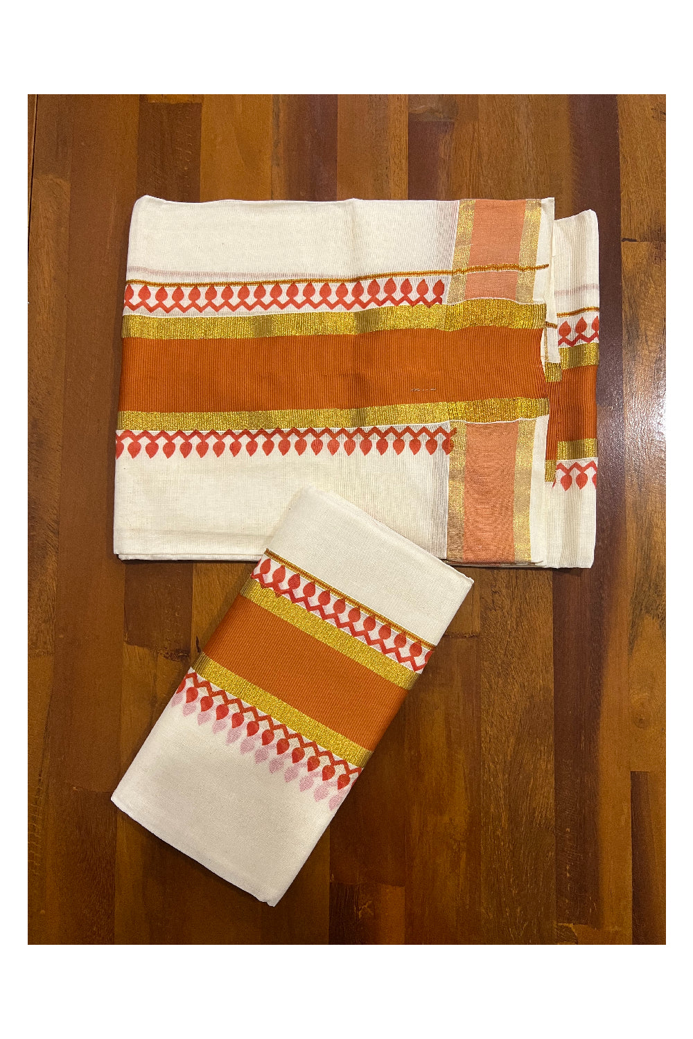 Kerala Cotton Set Mundu (Mundum Neriyathum) with Orange Block Prints and Kasavu Border