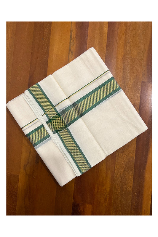 Southloom Balaramapuram Handloom Pure Cotton Mundu with Golden and Green Kasavu Border (South Indian Dhoti)