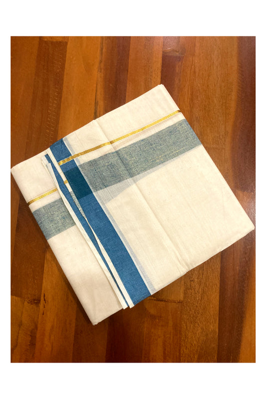 Off White Kerala Double Mundu with Blue and Kasavu Line Border (South Indian Dhoti)