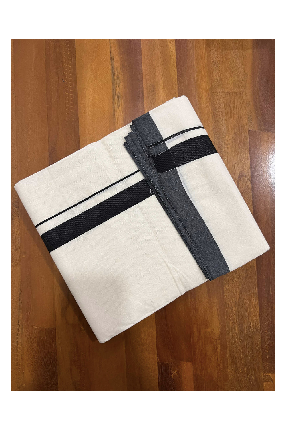 Off White Pure Cotton Double Mundu with Black Kara (South Indian Kerala Dhoti)