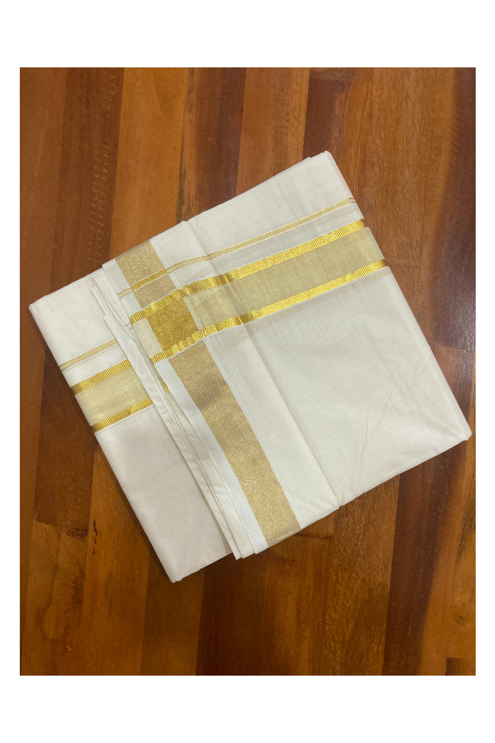 Off White Pure Cotton Double Mundu with Kasavu  Border (South Indian Dhoti)