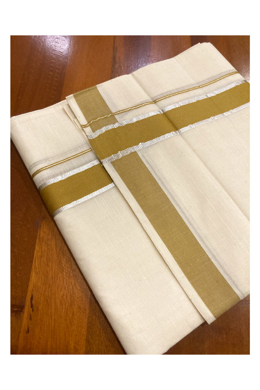 Off White Pure Cotton Double Mundu with Silver Kasavu and Olive Border (South Indian Dhoti)