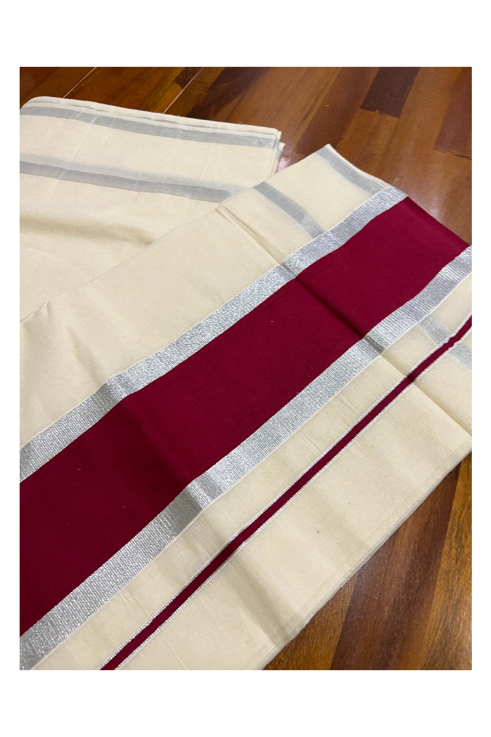 Pure Cotton Kerala Plain Saree with Silver Kasavu and Maroon Pallu