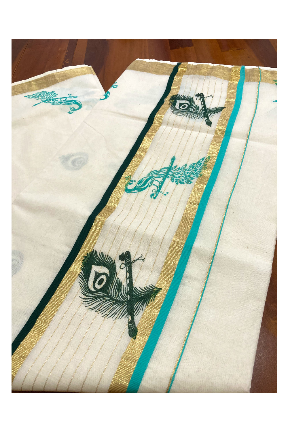 Pure Cotton Kasavu Kerala Saree with Green and Turquoise Feather Block Prints