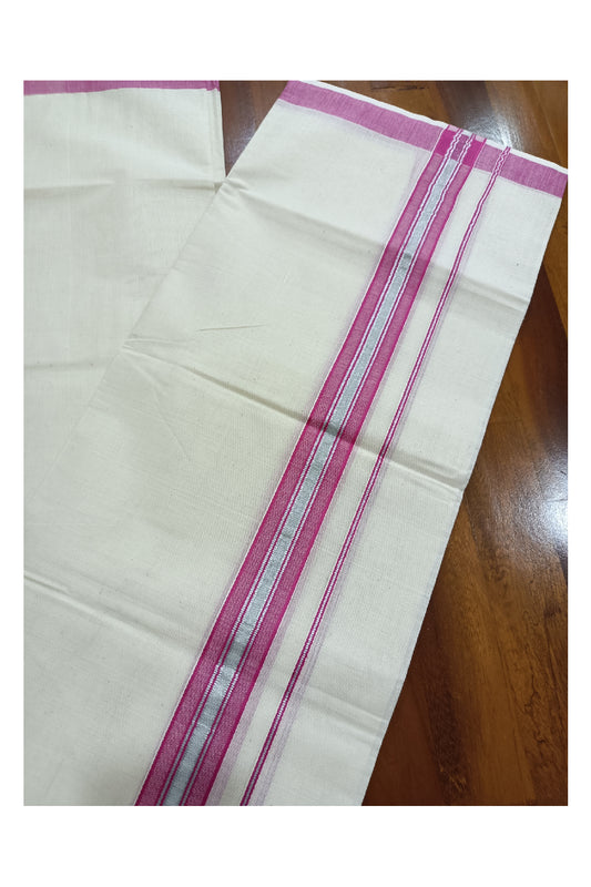 Off White Kerala Double Mundu with Silver Kasavu and Dark Pink Kara (South Indian Dhoti)