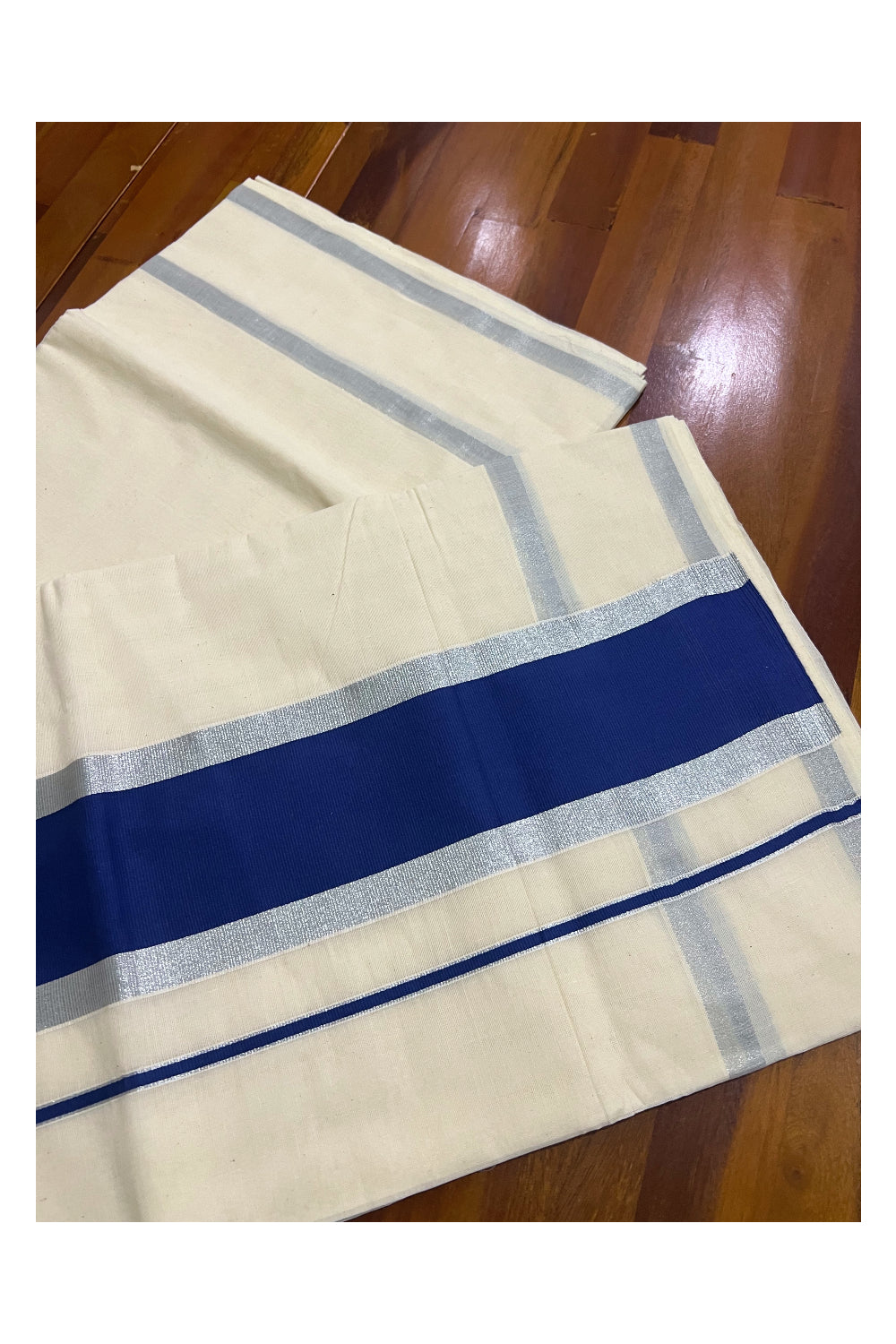 Pure Cotton Kerala Plain Saree with Silver Kasavu and Blue Pallu