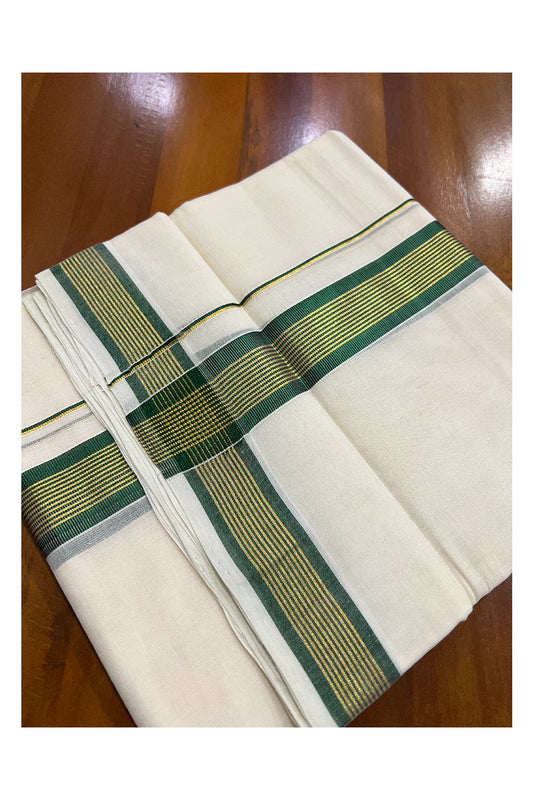 Southloom Balaramapuram Handloom Pure Cotton Mundu with Golden and Green Kasavu Border (South Indian Dhoti)