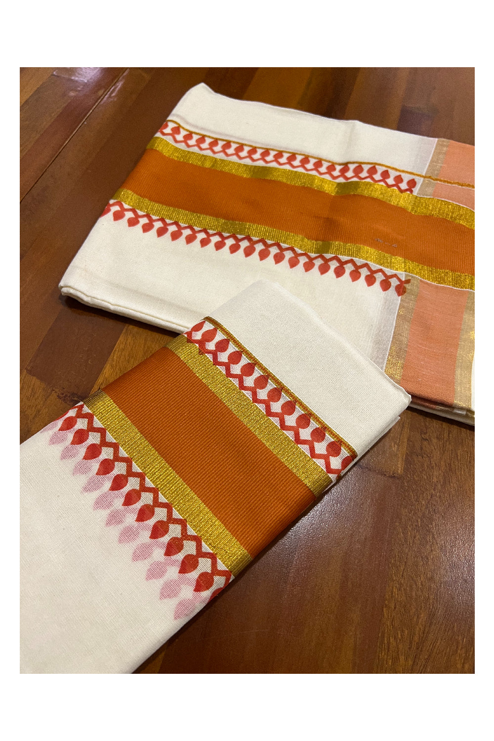 Kerala Cotton Set Mundu (Mundum Neriyathum) with Orange Block Prints and Kasavu Border