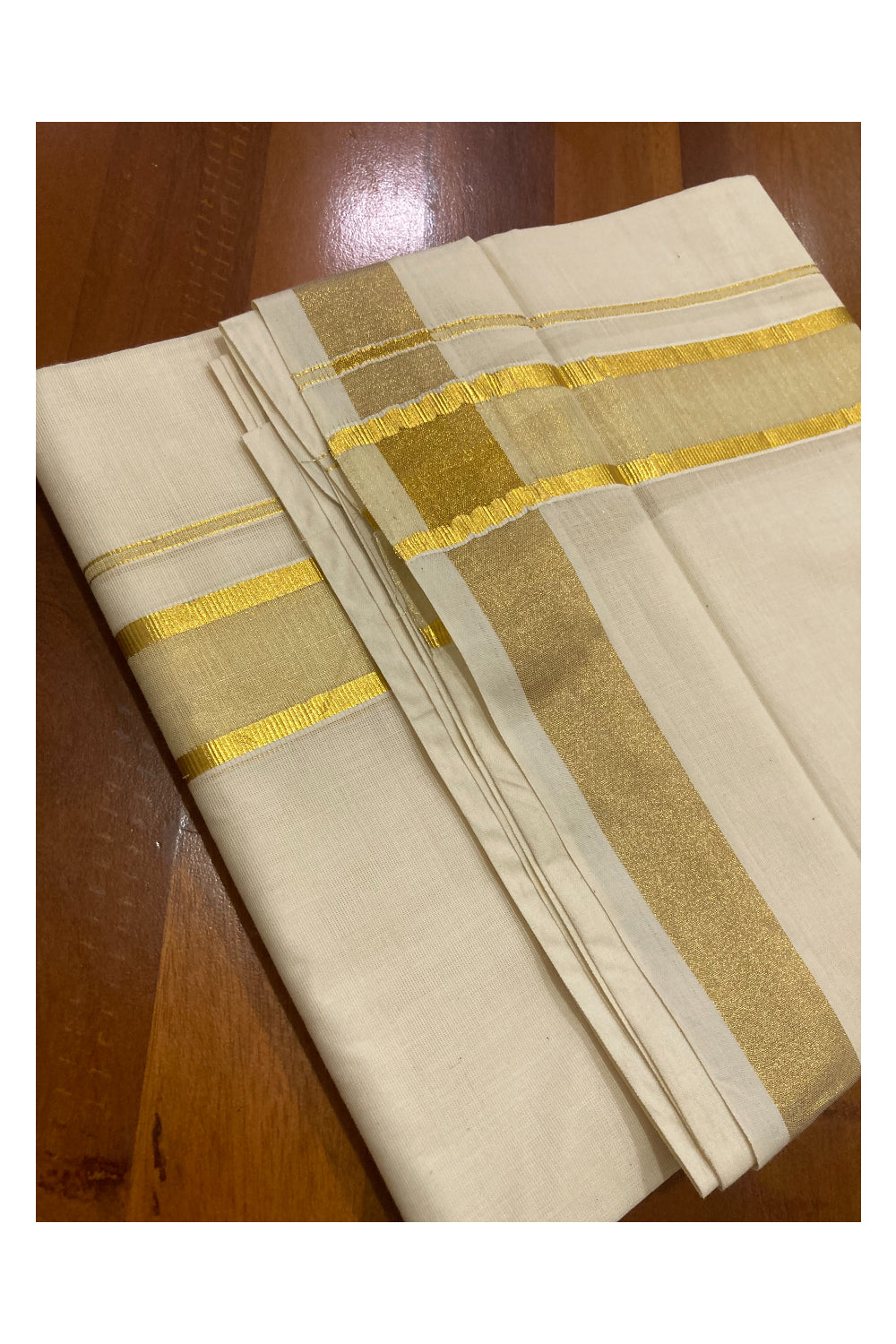 Off White Pure Cotton Double Mundu with Kasavu  Border (South Indian Dhoti)