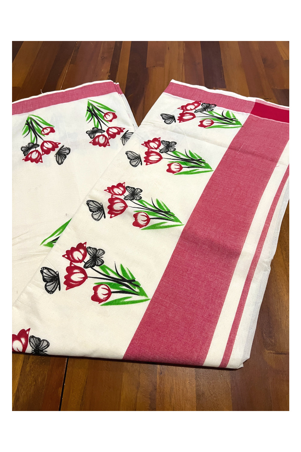 Pure Cotton Kerala Saree with Floral Block Prints and Red Border