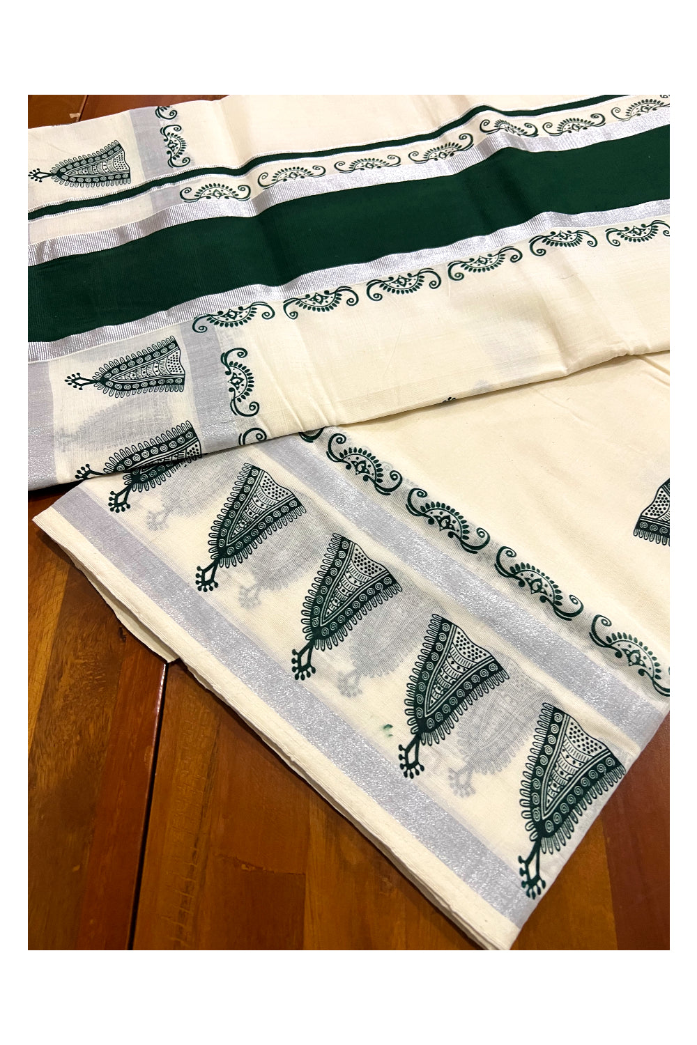 Pure Cotton Kerala Saree with Silver Kasavu and Dark Green Block Prints on Border