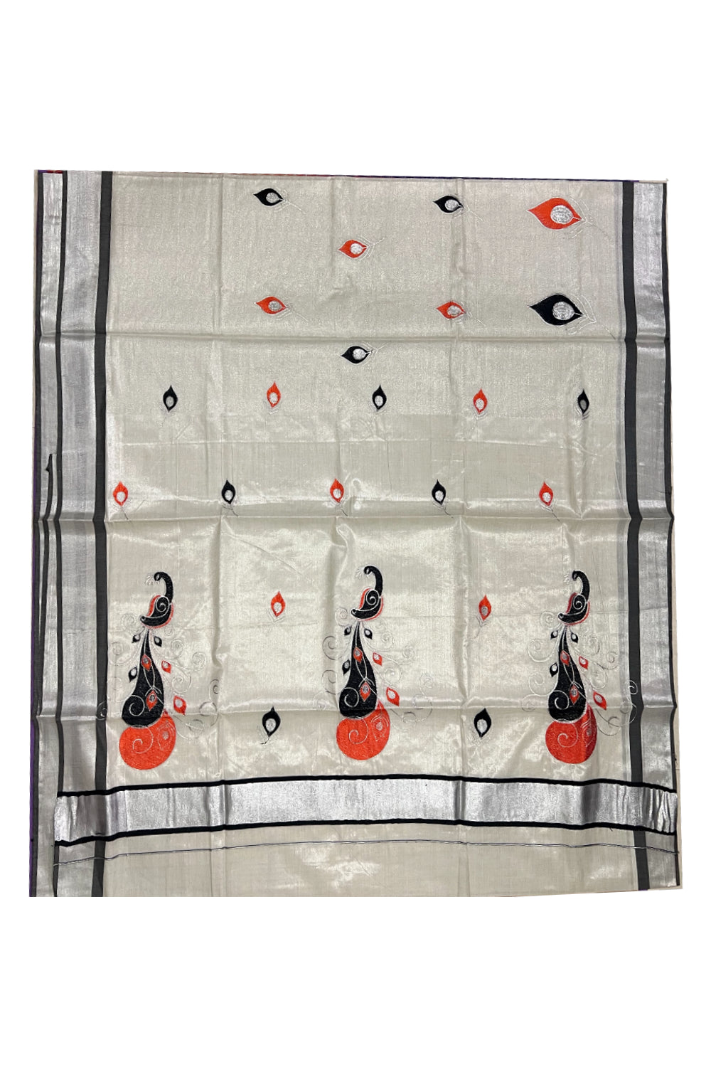 Kerala SIlver Tissue Kasavu Saree with Black Orange Peacock Embroidery Design