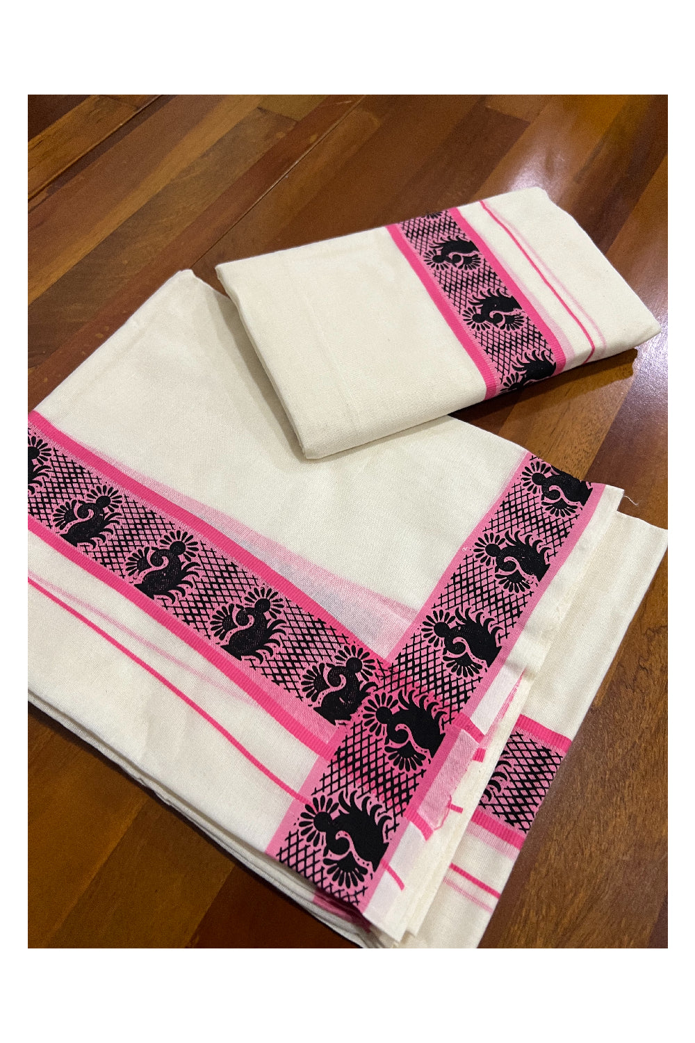 Kerala Cotton Set Mundu (Mundum Neriyathum) with Black Paisley Block Prints in Pink Border