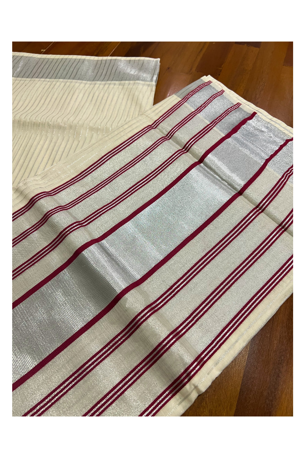 Pure Cotton Kerala Saree with Silver Lines Design on Body and Maroon Lines on Silver Tissue Pallu