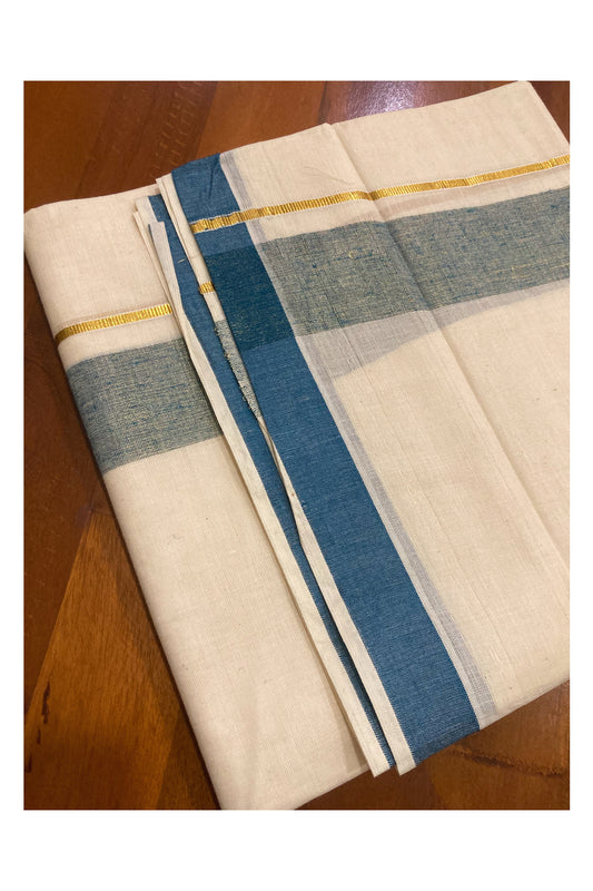 Off White Kerala Double Mundu with Blue and Kasavu Line Border (South Indian Dhoti)