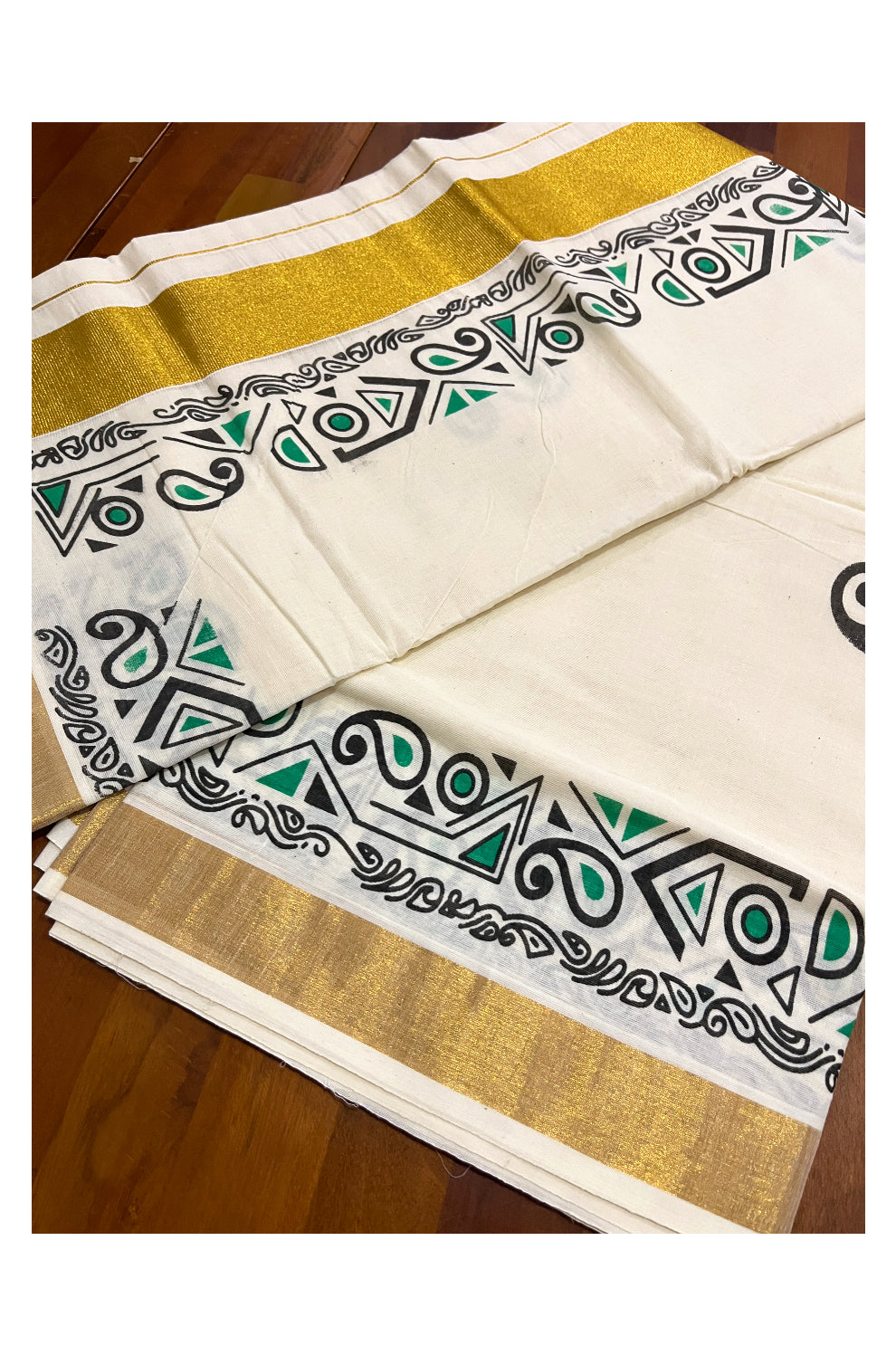 Pure Cotton Off White Kerala Kasavu Saree with Black and Green Block Prints on Border