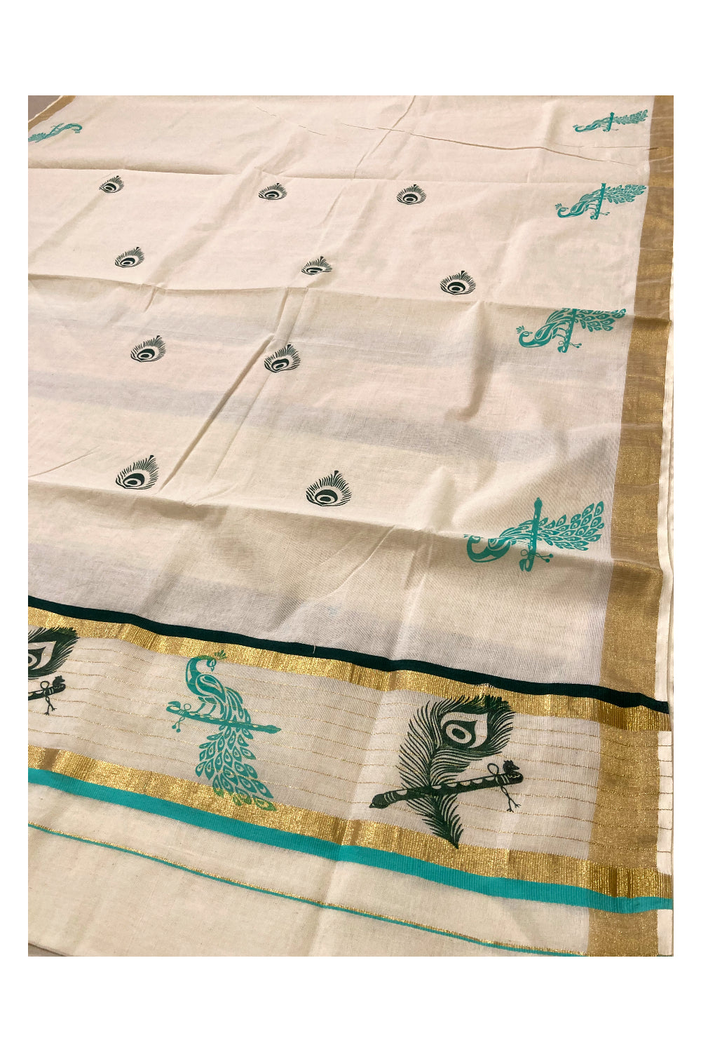 Pure Cotton Kasavu Kerala Saree with Green and Turquoise Feather Block Prints