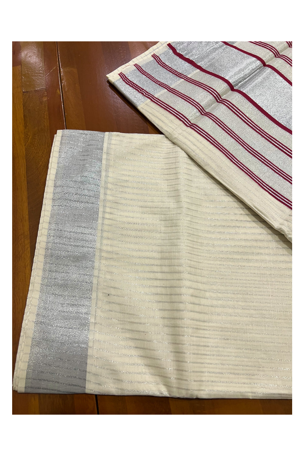 Pure Cotton Kerala Saree with Silver Lines Design on Body and Maroon Lines on Silver Tissue Pallu