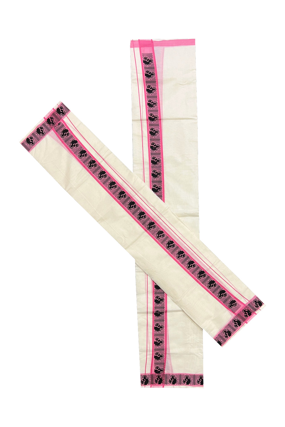 Kerala Cotton Set Mundu (Mundum Neriyathum) with Black Paisley Block Prints in Pink Border