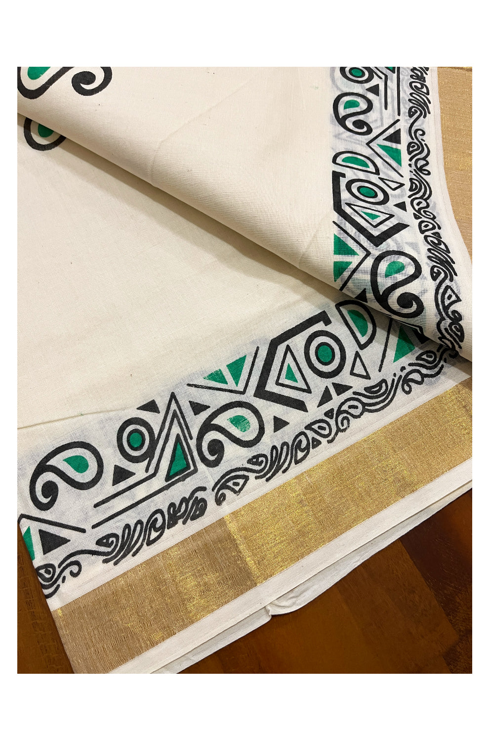 Pure Cotton Off White Kerala Kasavu Saree with Black and Green Block Prints on Border