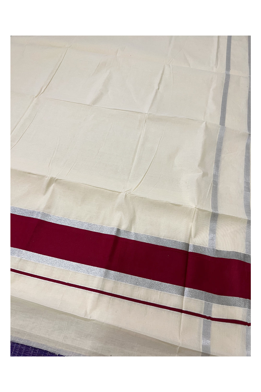 Pure Cotton Kerala Plain Saree with Silver Kasavu and Maroon Pallu