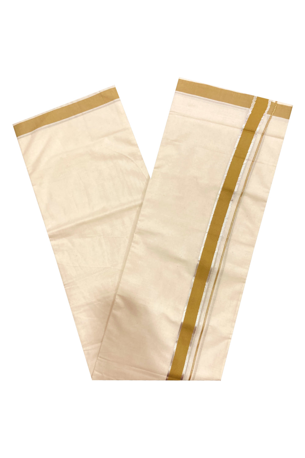 Off White Pure Cotton Double Mundu with Silver Kasavu and Olive Border (South Indian Dhoti)