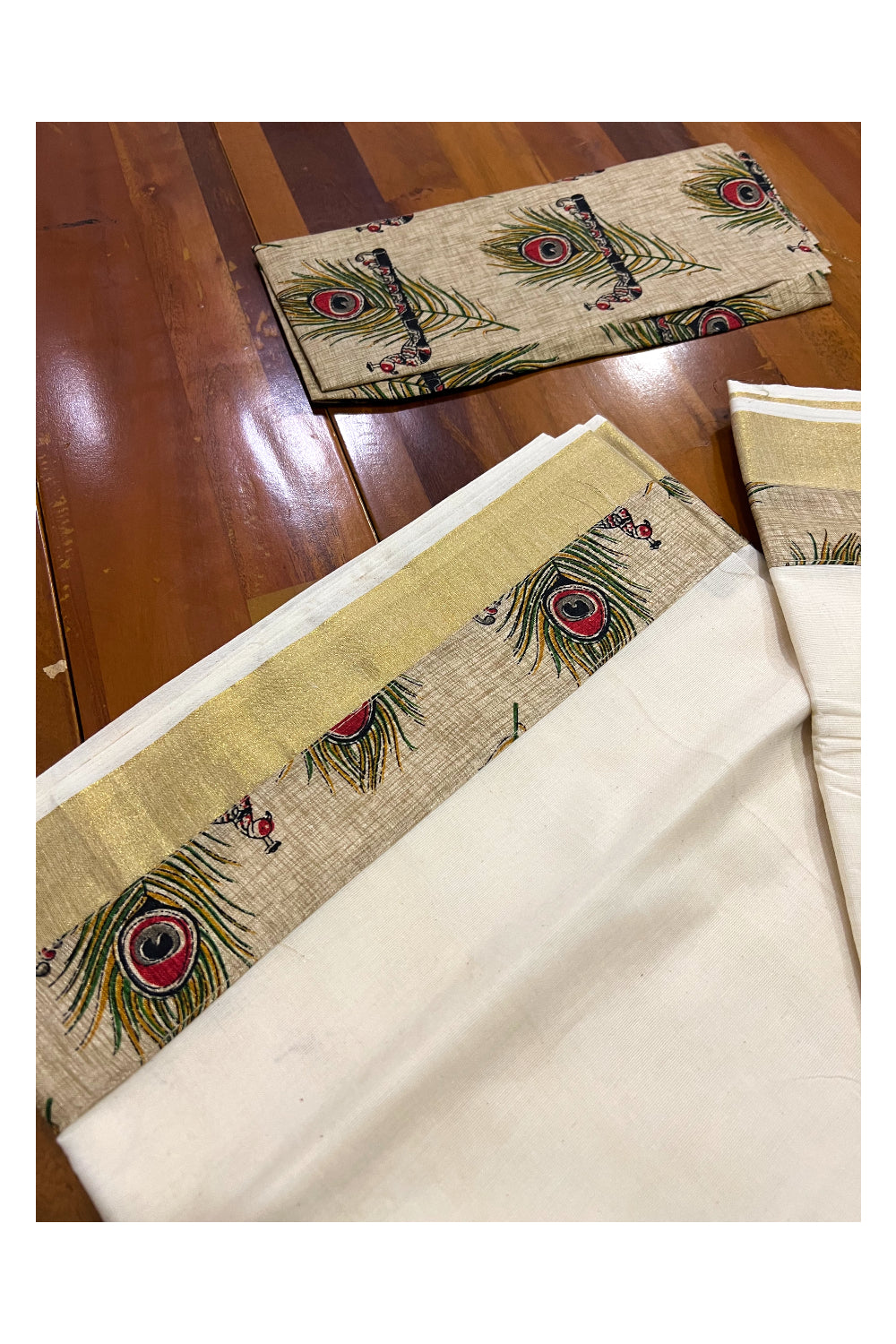 Kerala Pure Cotton Fusion Art Beige Peacock Feather Printed Kasavu Saree with Printed Blouse Piece