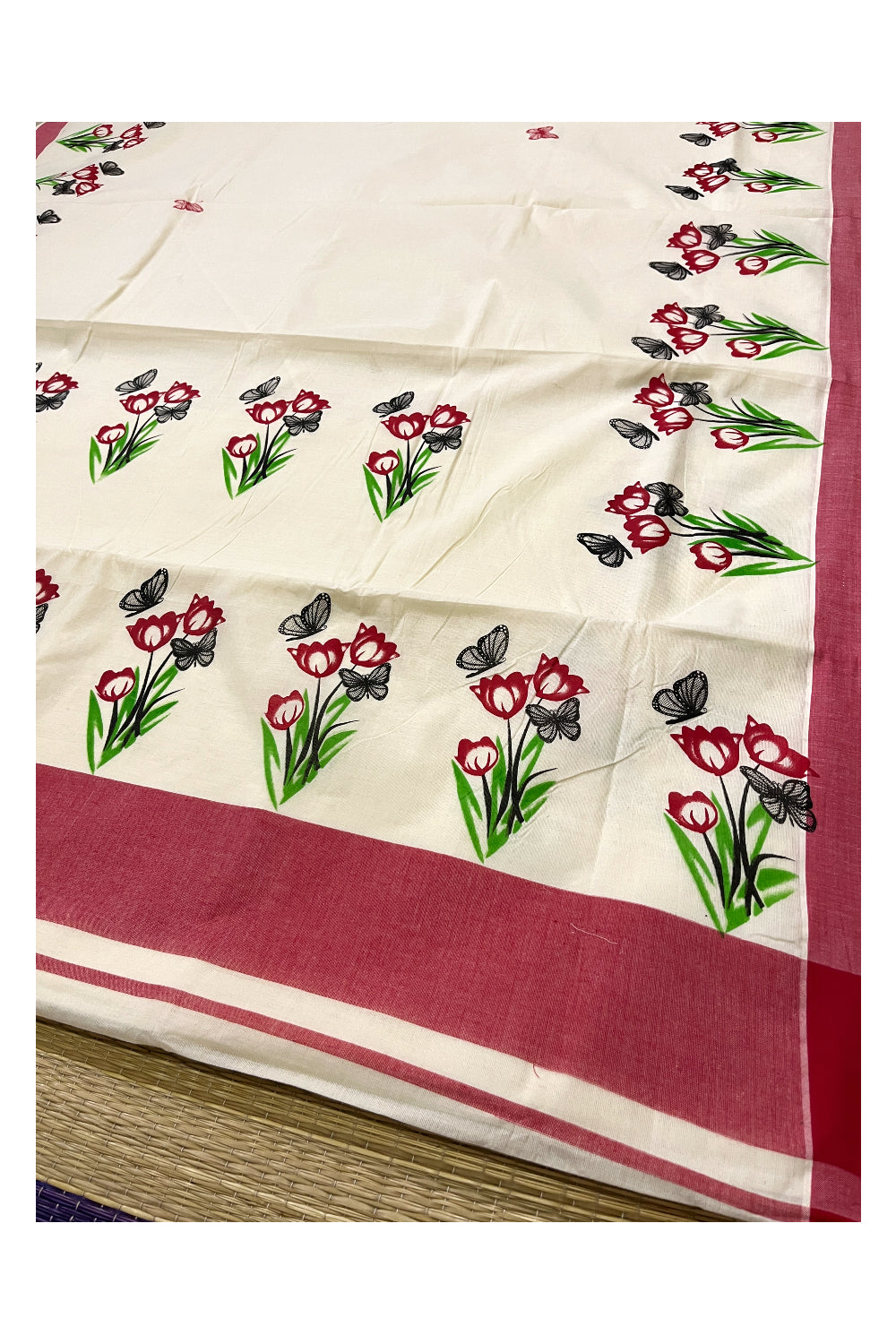 Pure Cotton Kerala Saree with Floral Block Prints and Red Border