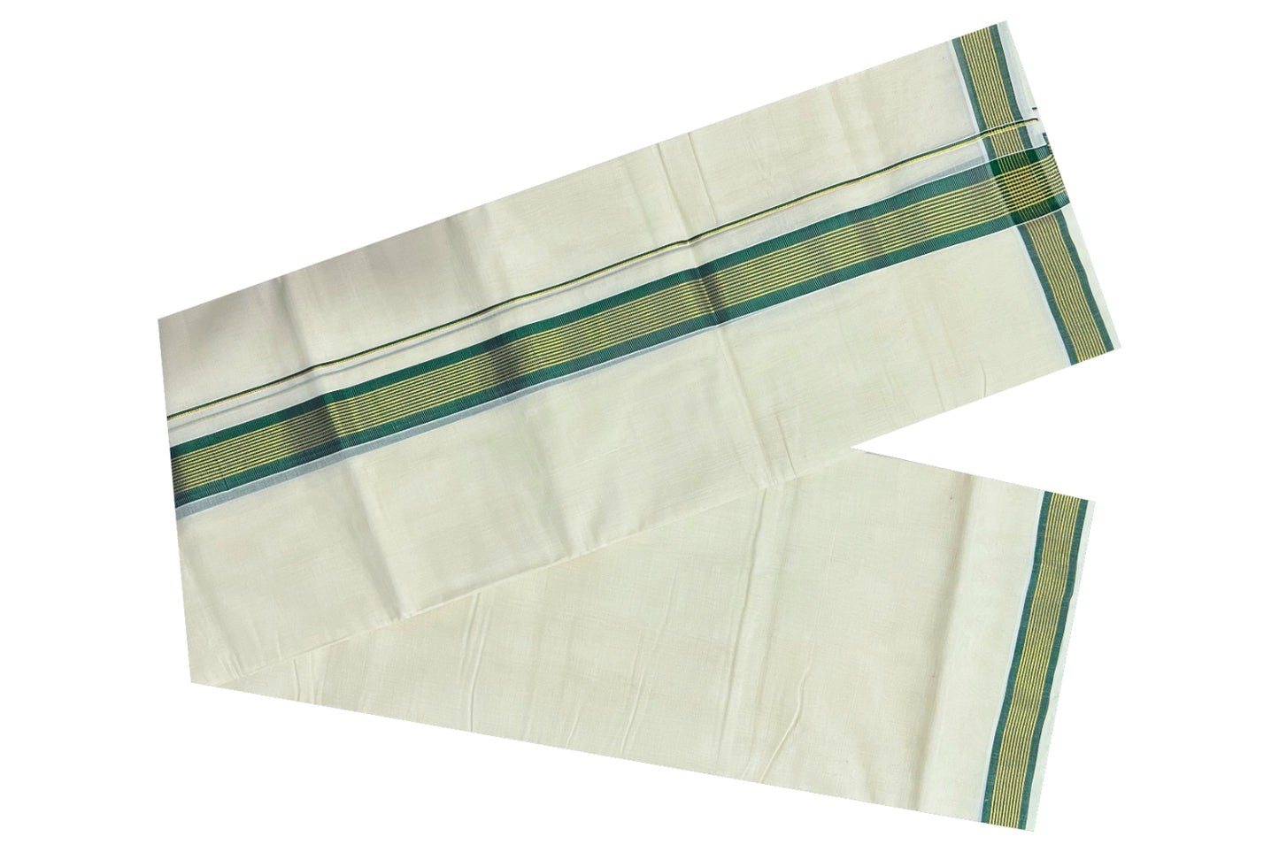 Southloom Balaramapuram Handloom Pure Cotton Mundu with Golden and Green Kasavu Border (South Indian Dhoti)