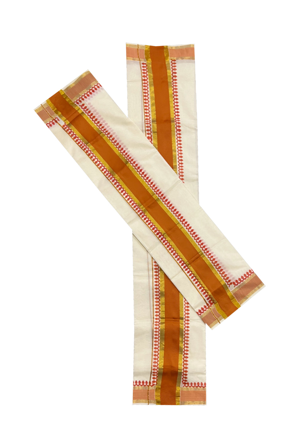 Kerala Cotton Set Mundu (Mundum Neriyathum) with Orange Block Prints and Kasavu Border