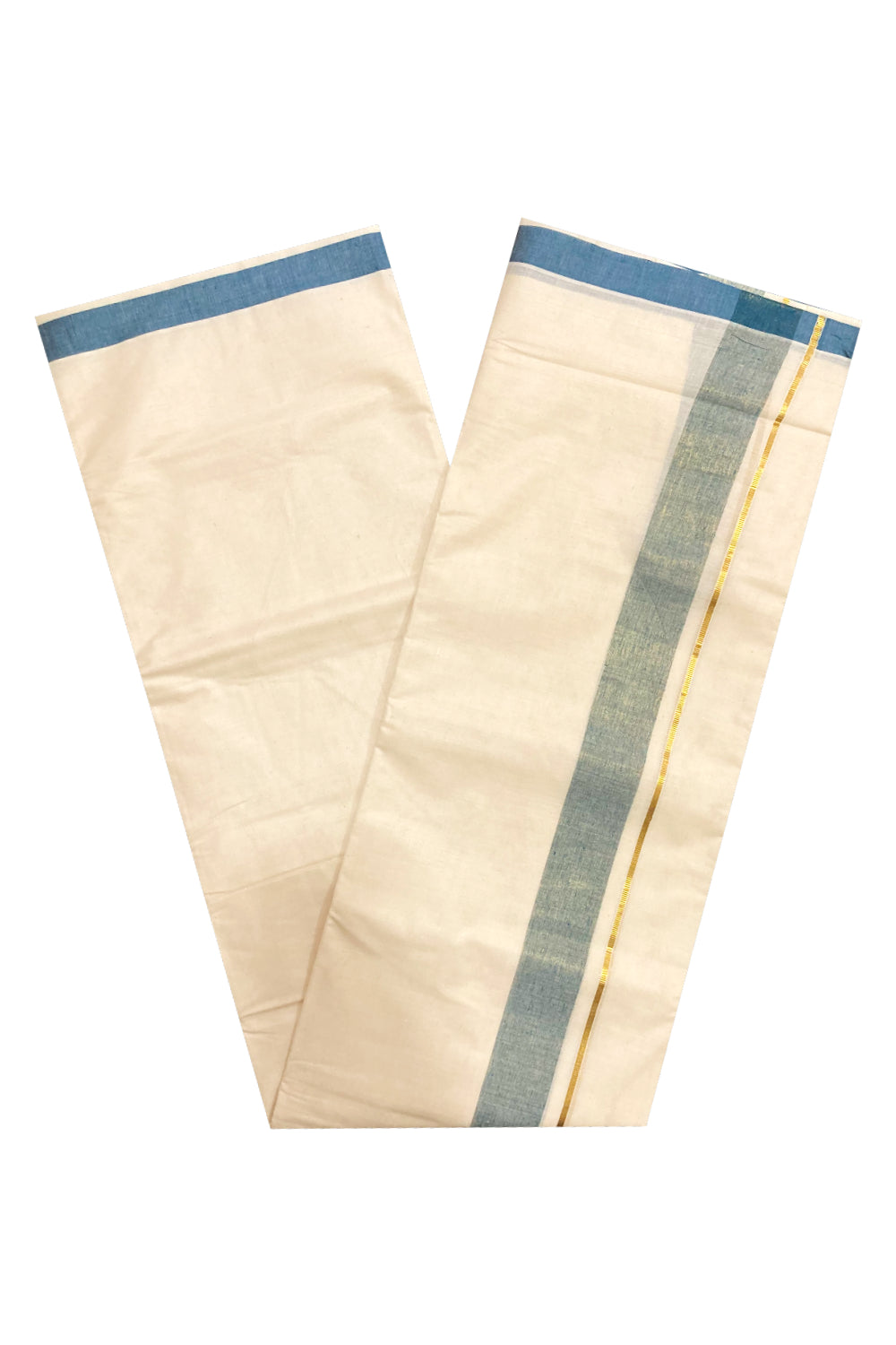 Off White Kerala Double Mundu with Blue and Kasavu Line Border (South Indian Dhoti)