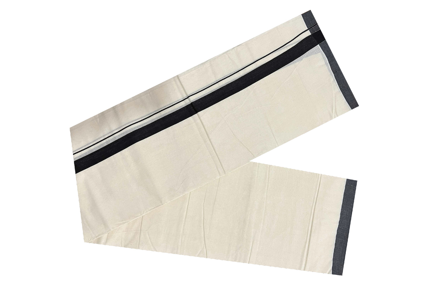 Off White Pure Cotton Double Mundu with Black Kara (South Indian Kerala Dhoti)