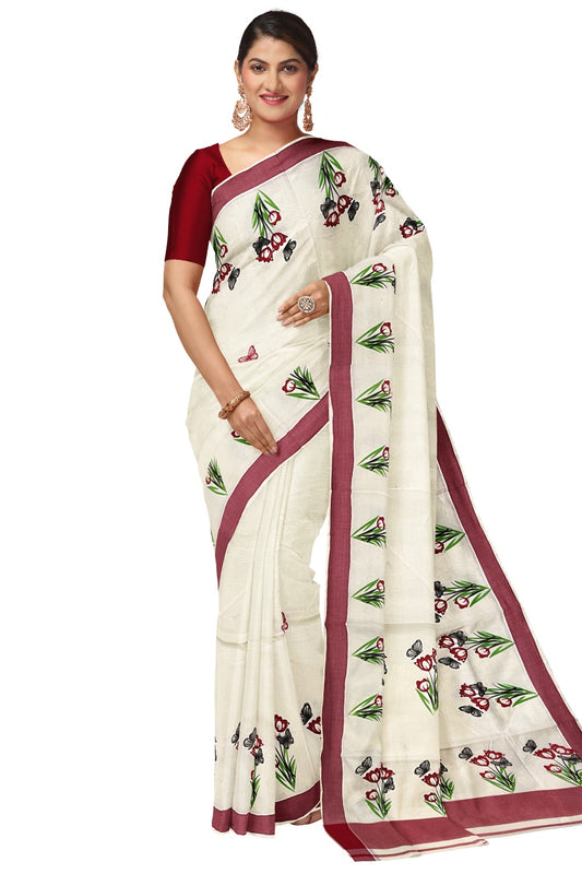 Pure Cotton Kerala Saree with Floral Block Prints and Red Border