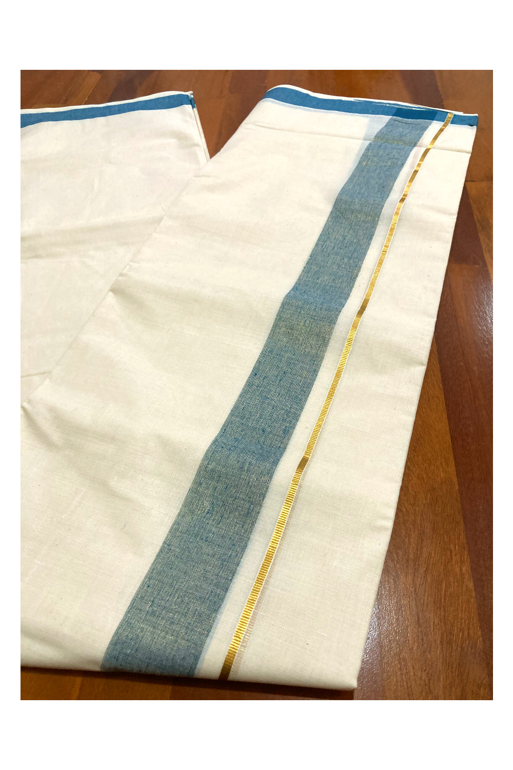 Off White Kerala Double Mundu with Blue and Kasavu Line Border (South Indian Dhoti)