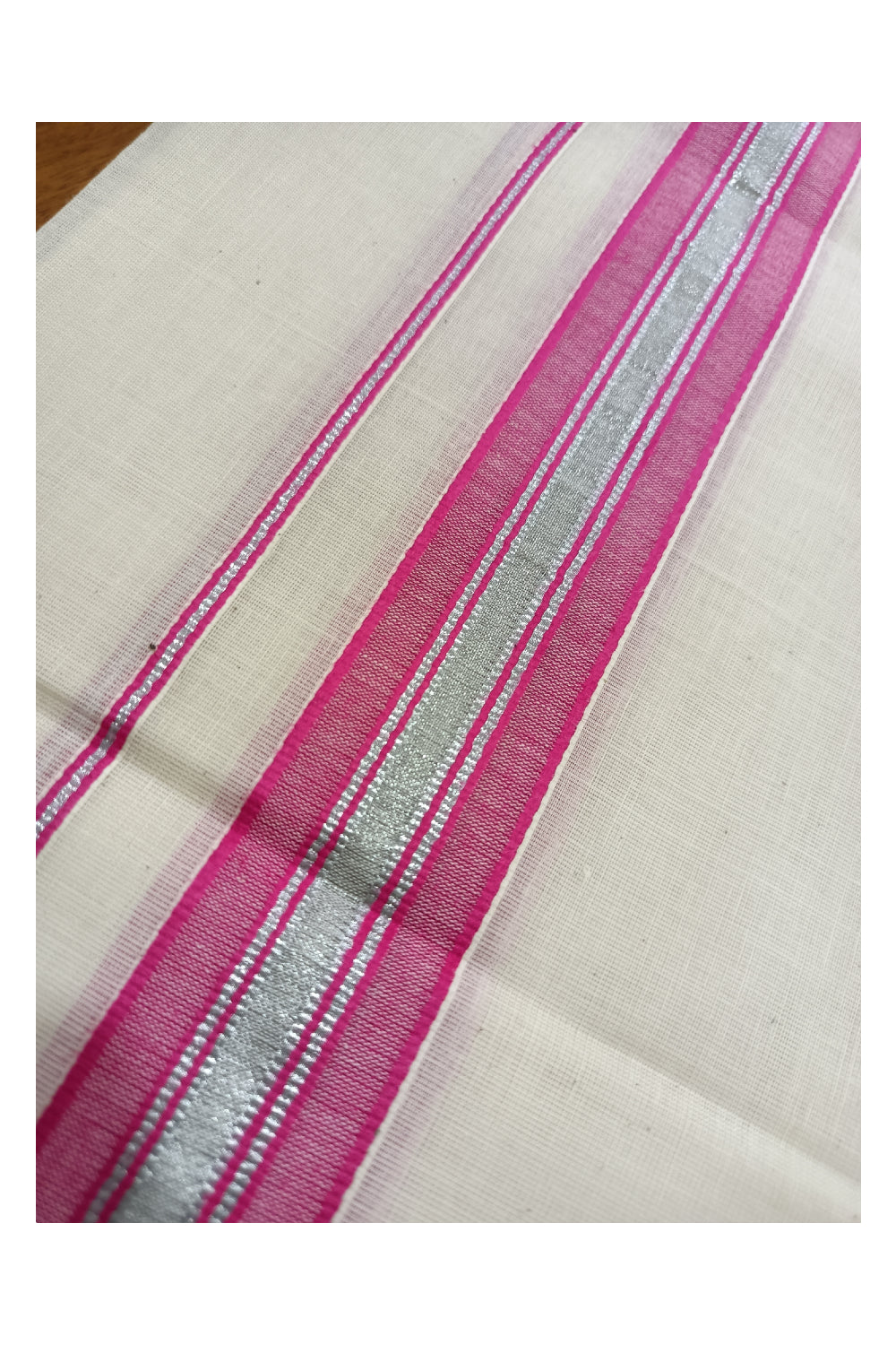 Off White Kerala Double Mundu with Silver Kasavu and Dark Pink Kara (South Indian Dhoti)