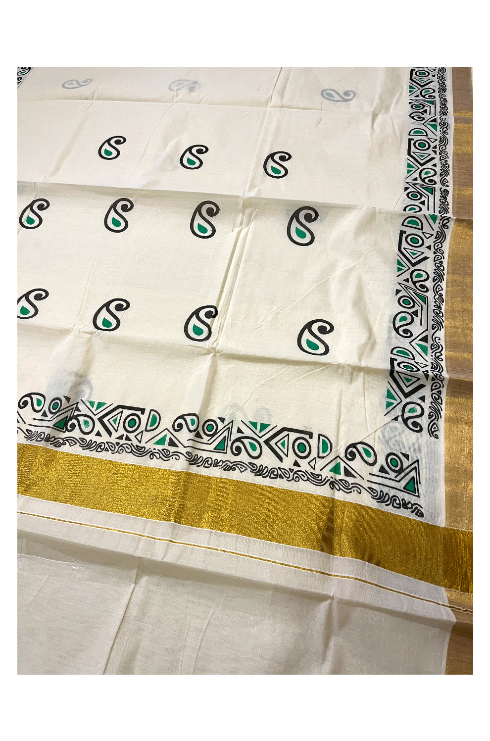 Pure Cotton Off White Kerala Kasavu Saree with Black and Green Block Prints on Border