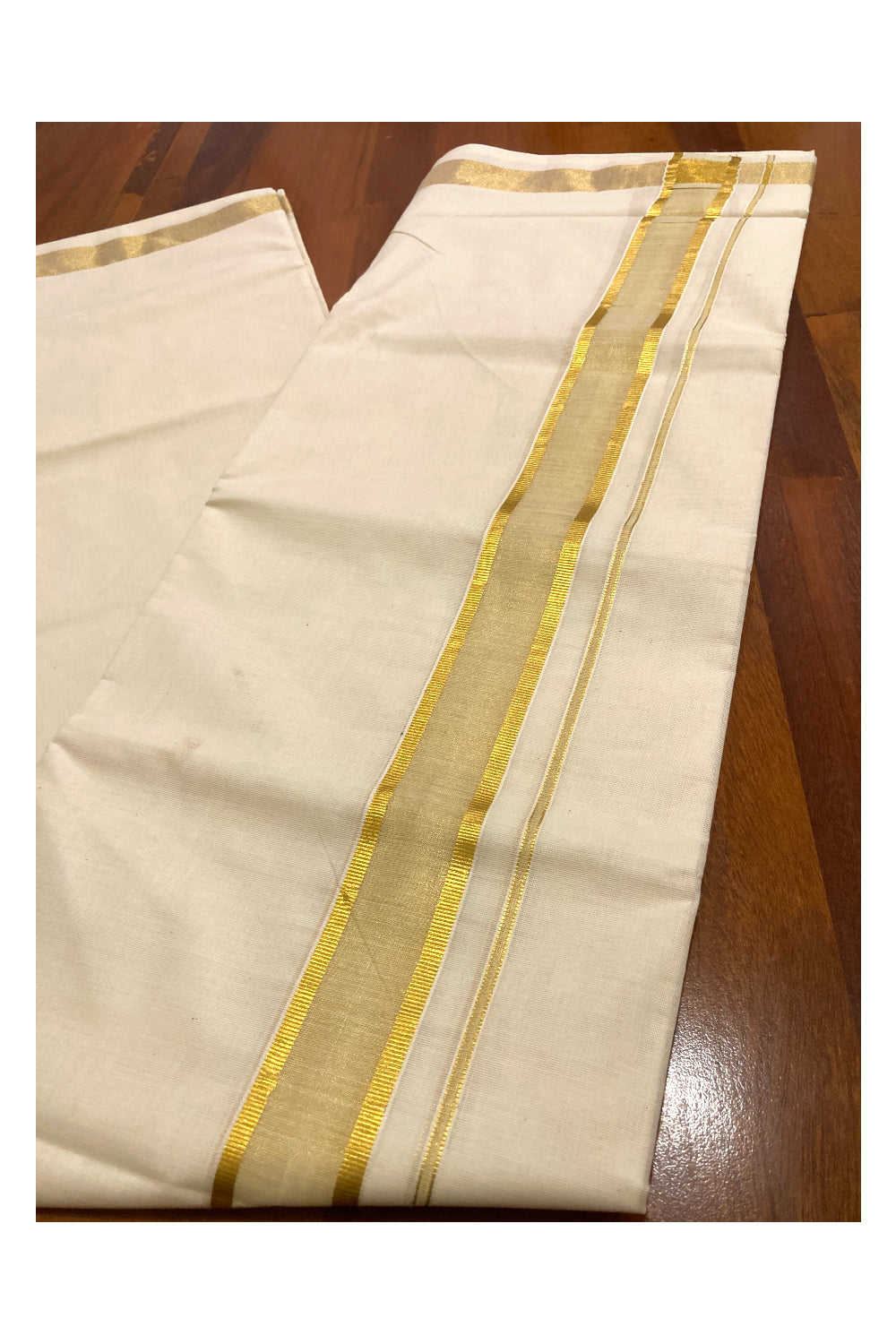 Off White Pure Cotton Double Mundu with Kasavu  Border (South Indian Dhoti)