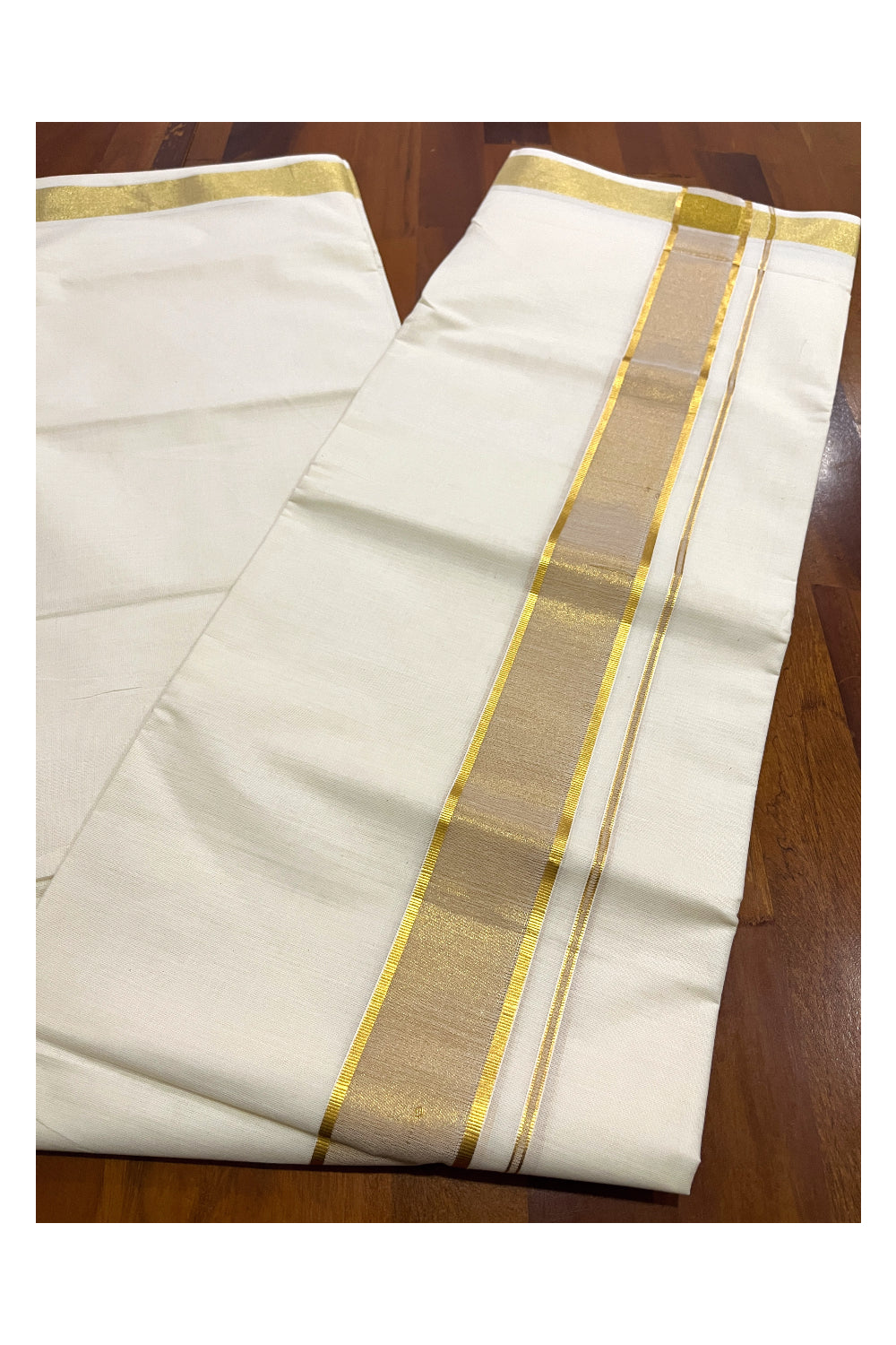 Pure Cotton Off White Double Mundu with Golden Tissue Border (South Indian Dhoti)