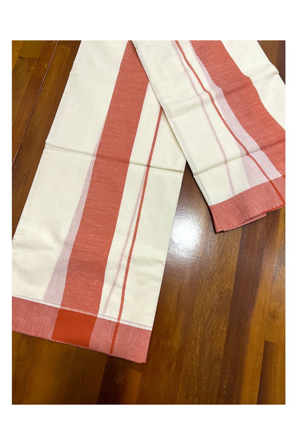 Kerala Cotton Mundum Neriyathum Single (Set Mundu) with Dark Orange Mulloth Border (Extra Soft Cotton)