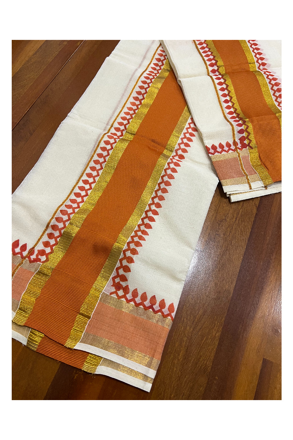 Kerala Cotton Set Mundu (Mundum Neriyathum) with Orange Block Prints and Kasavu Border