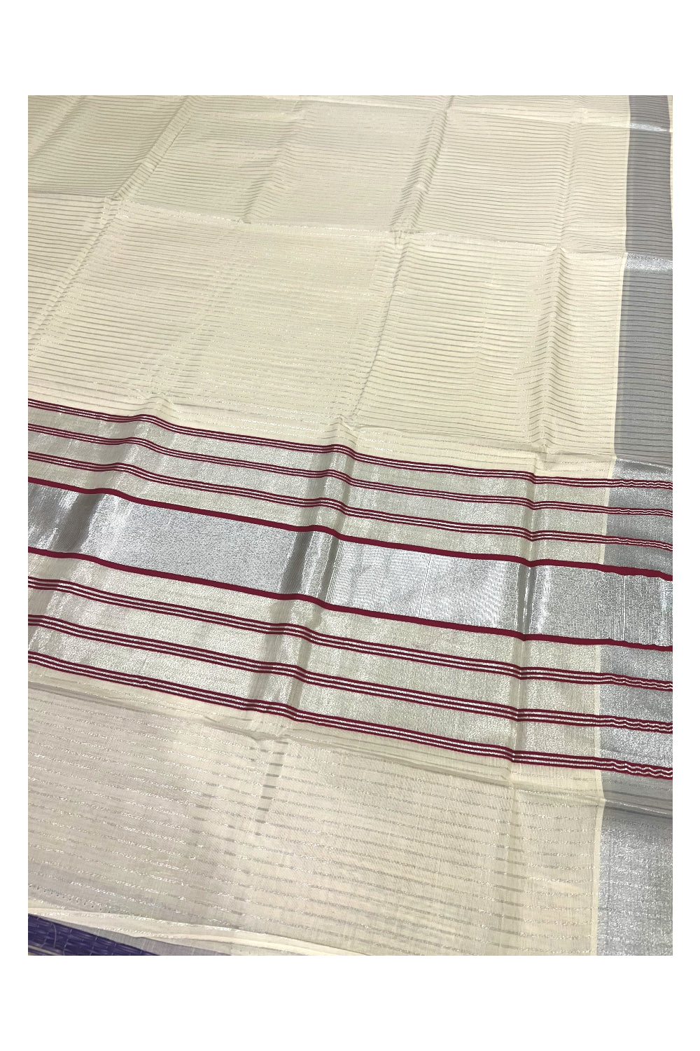 Pure Cotton Kerala Saree with Silver Lines Design on Body and Maroon Lines on Silver Tissue Pallu