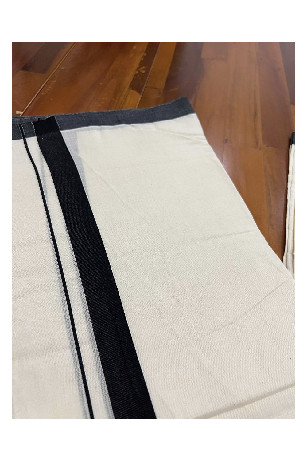 Off White Pure Cotton Double Mundu with Black Kara (South Indian Kerala Dhoti)