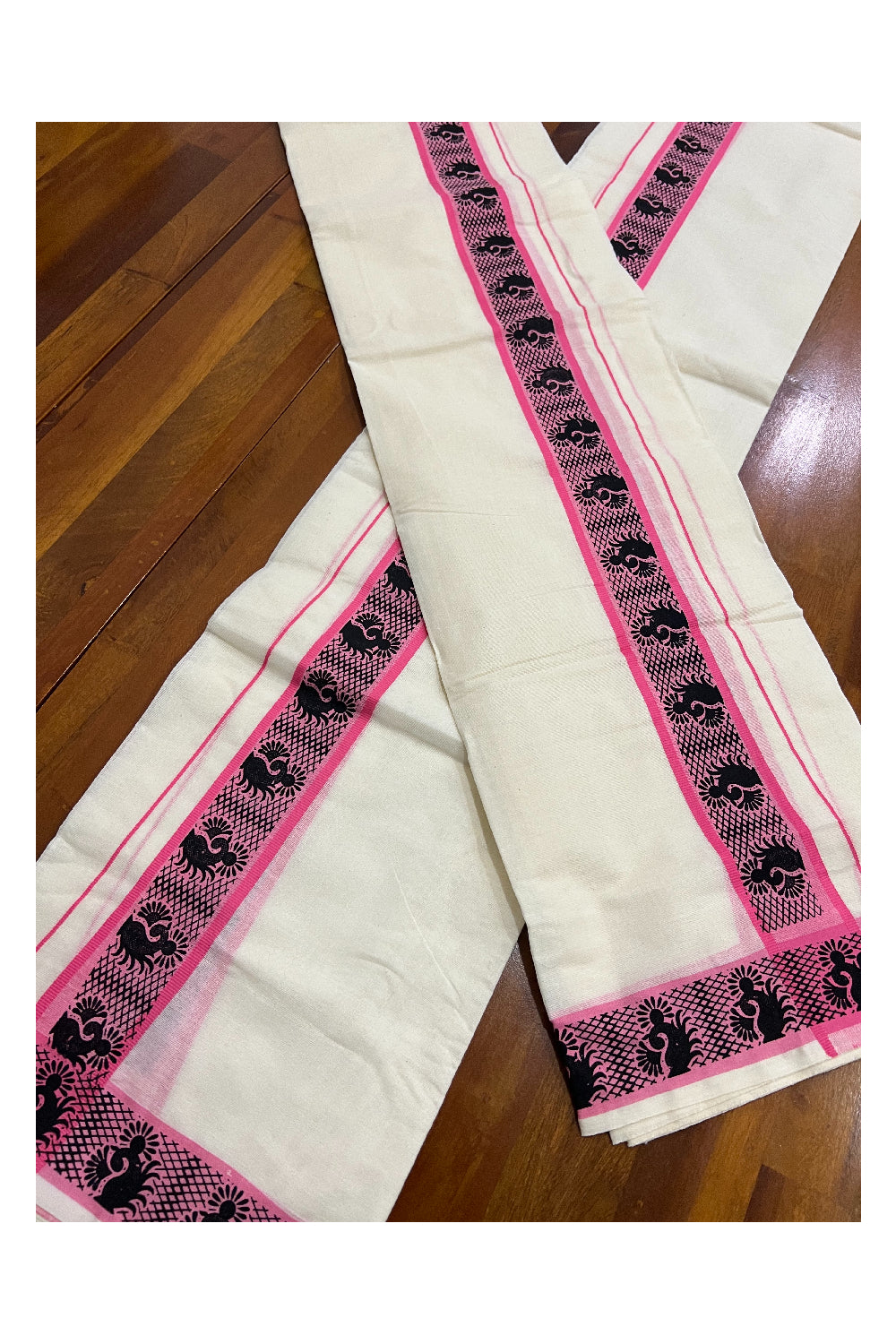 Kerala Cotton Set Mundu (Mundum Neriyathum) with Black Paisley Block Prints in Pink Border